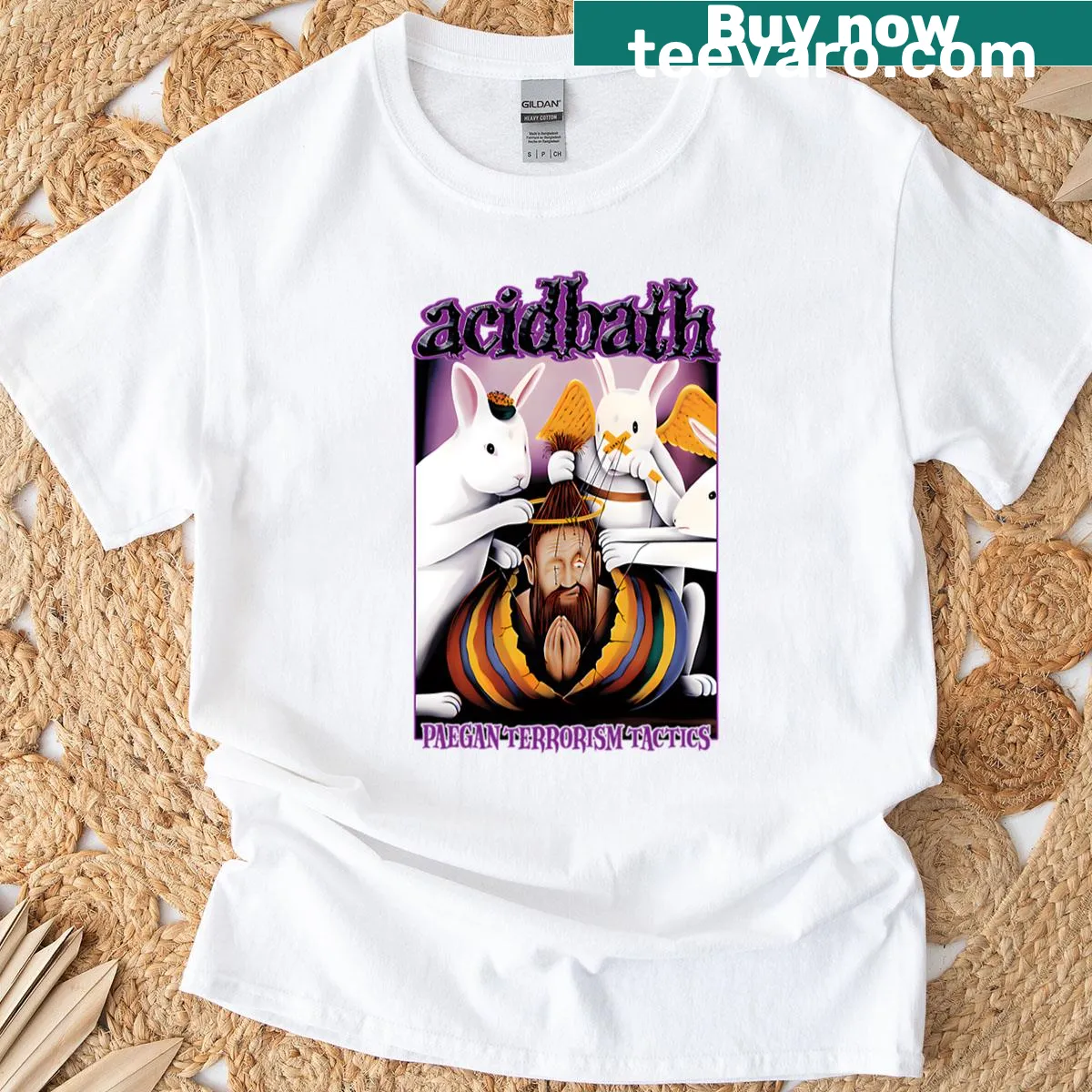 Vintage-style t-shirt with a humorous metal band logo. — on a men's t-shirt