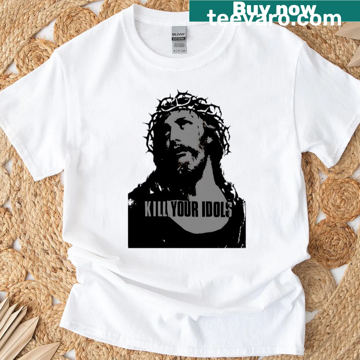 Bold typography t-shirt with the phrase 'Kill Your Idols' — on a men's t-shirt