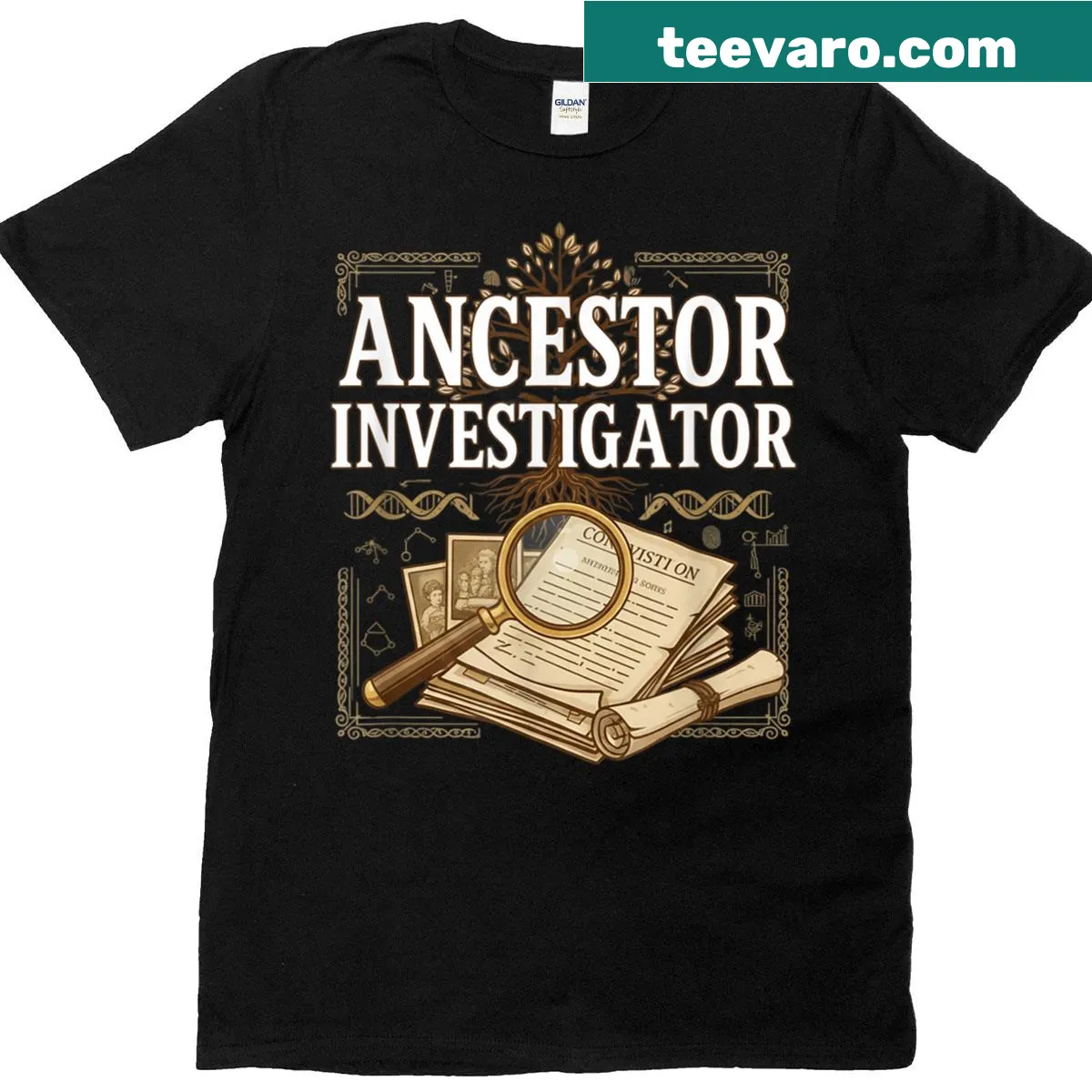 Illustrated t-shirt for genealogy enthusiasts and family history buffs. — on a men's t-shirt