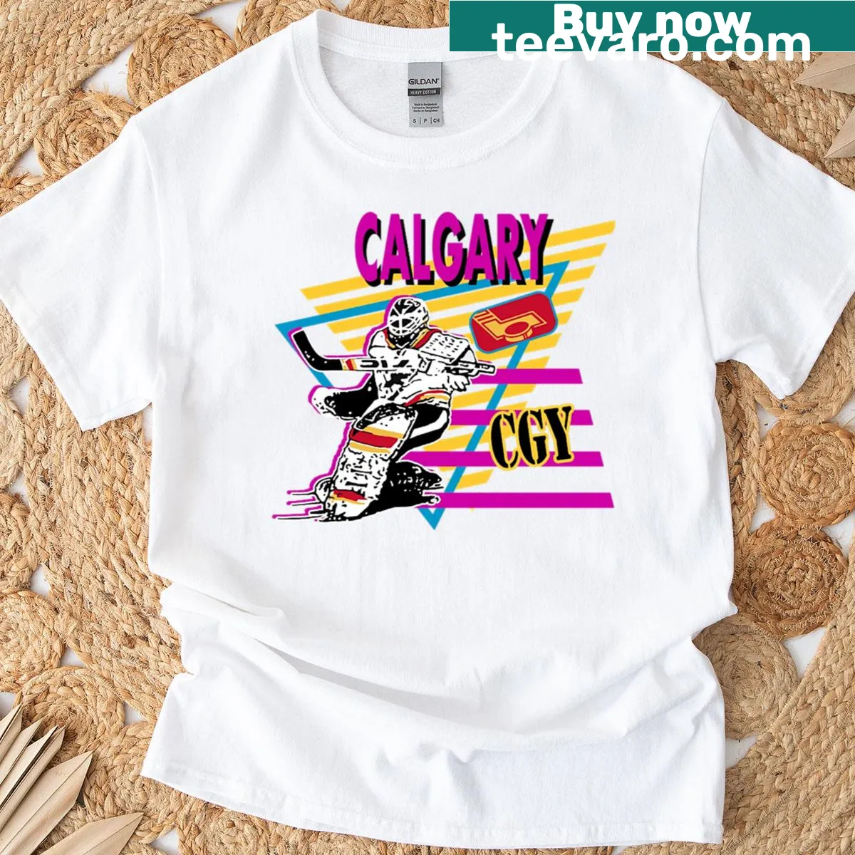 Calgary Flames logo graphic T-shirt for hockey fans. — on a men's t-shirt
