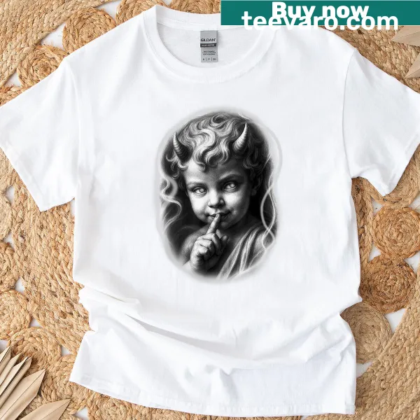 Cute cartoon baby devil cherub design with 'shhh' on t-shirt