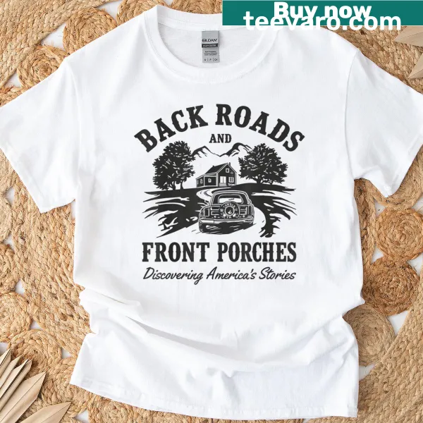 Illustration of back roads and porches on American stories t-shirt