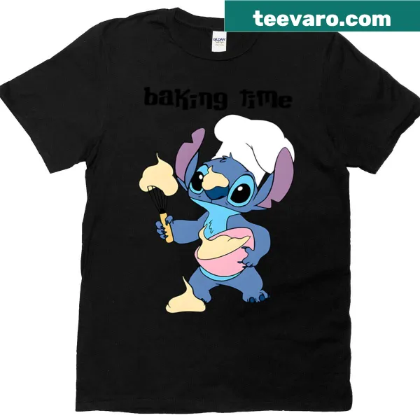 Baking-themed t-shirt with playful illustrations of kitchen tools and treats