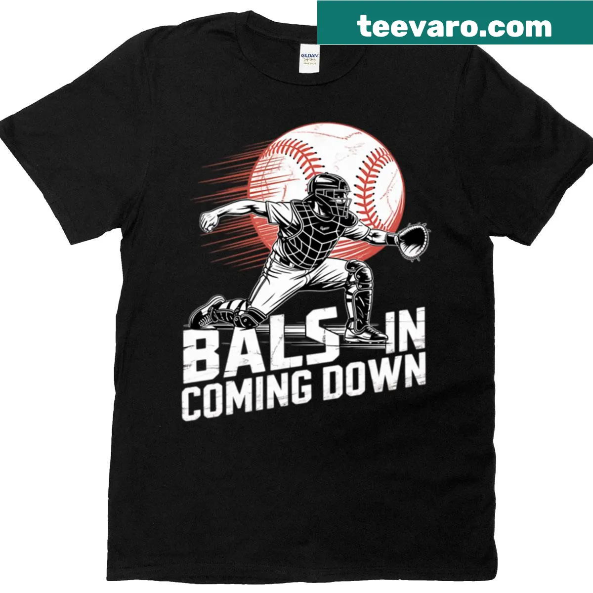 Playful T-shirt featuring baseball catcher graphic — on a men's t-shirt