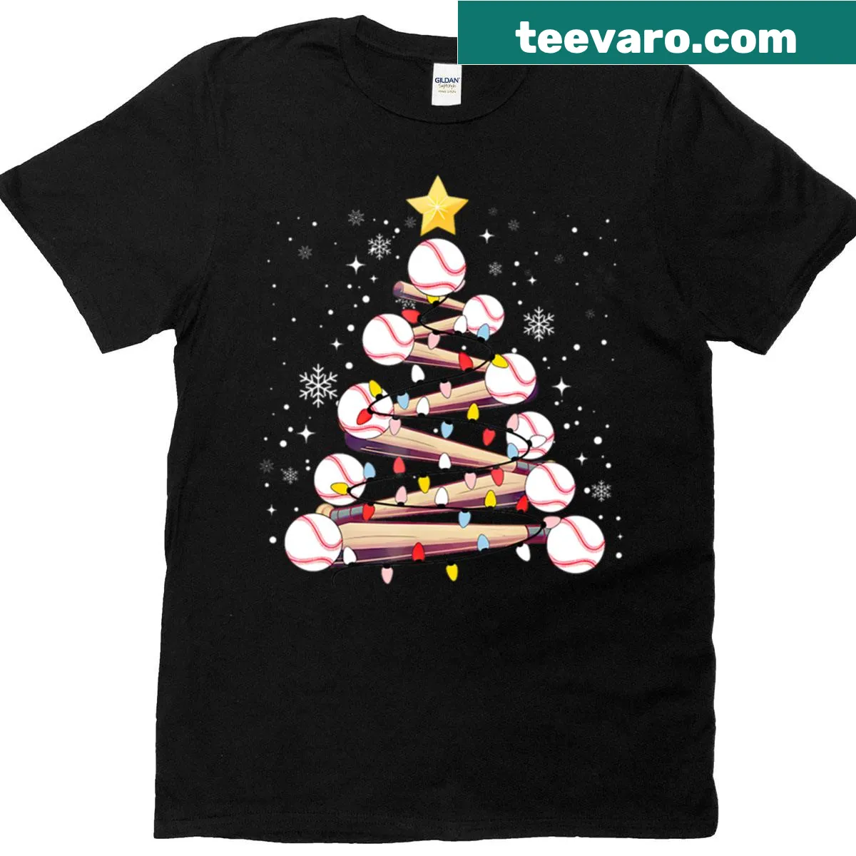 Baseball-themed Christmas T-shirt with tree lights design — on a men's t-shirt