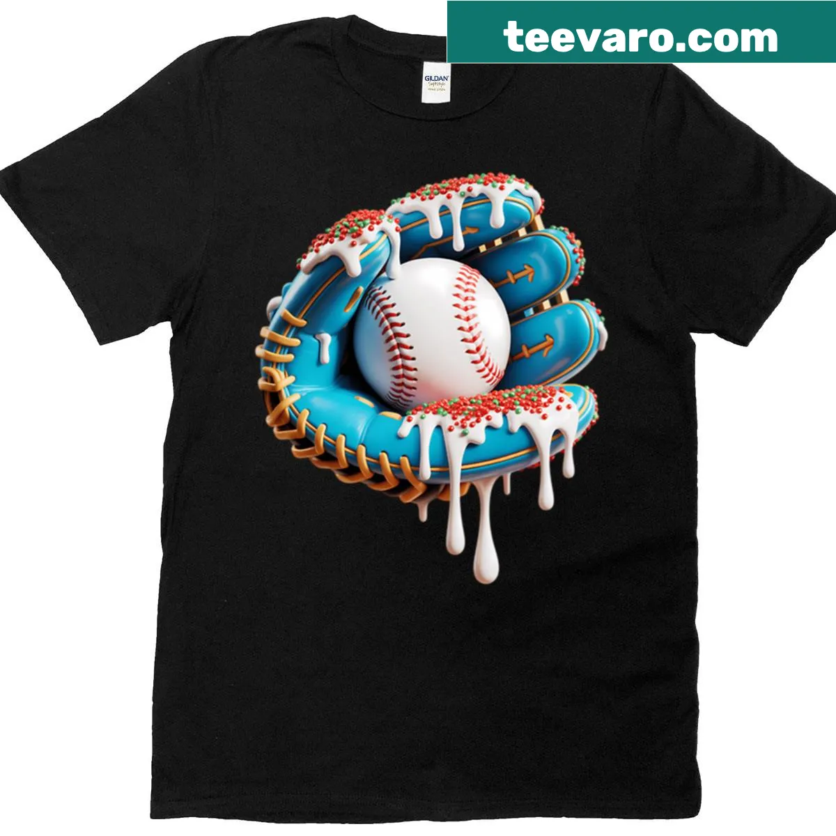 Ice cream and baseball glove cartoon t-shirt design — on a men's t-shirt