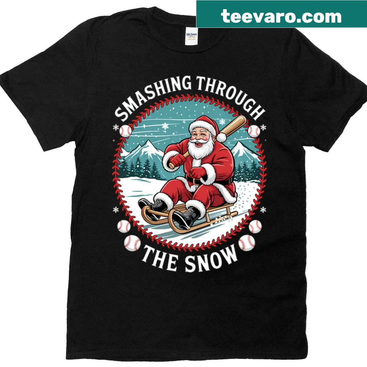 Santa baseball player graphic on Christmas-themed t-shirt — on a men's t-shirt