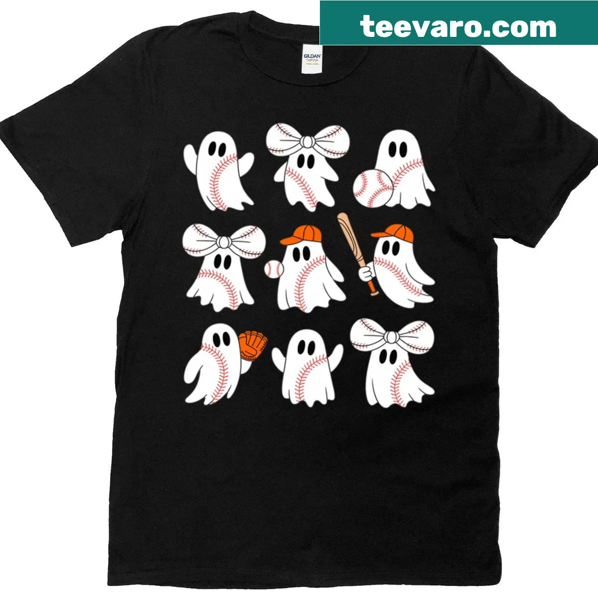 Cartoon Halloween T-shirt featuring a baseball player and ghostly bow — on a men's t-shirt
