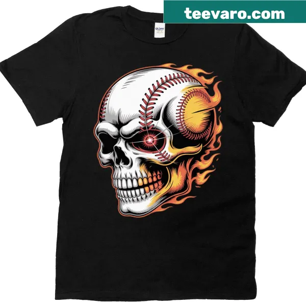 Cartoon Halloween T-shirt with skeleton baseball player and pumpkin