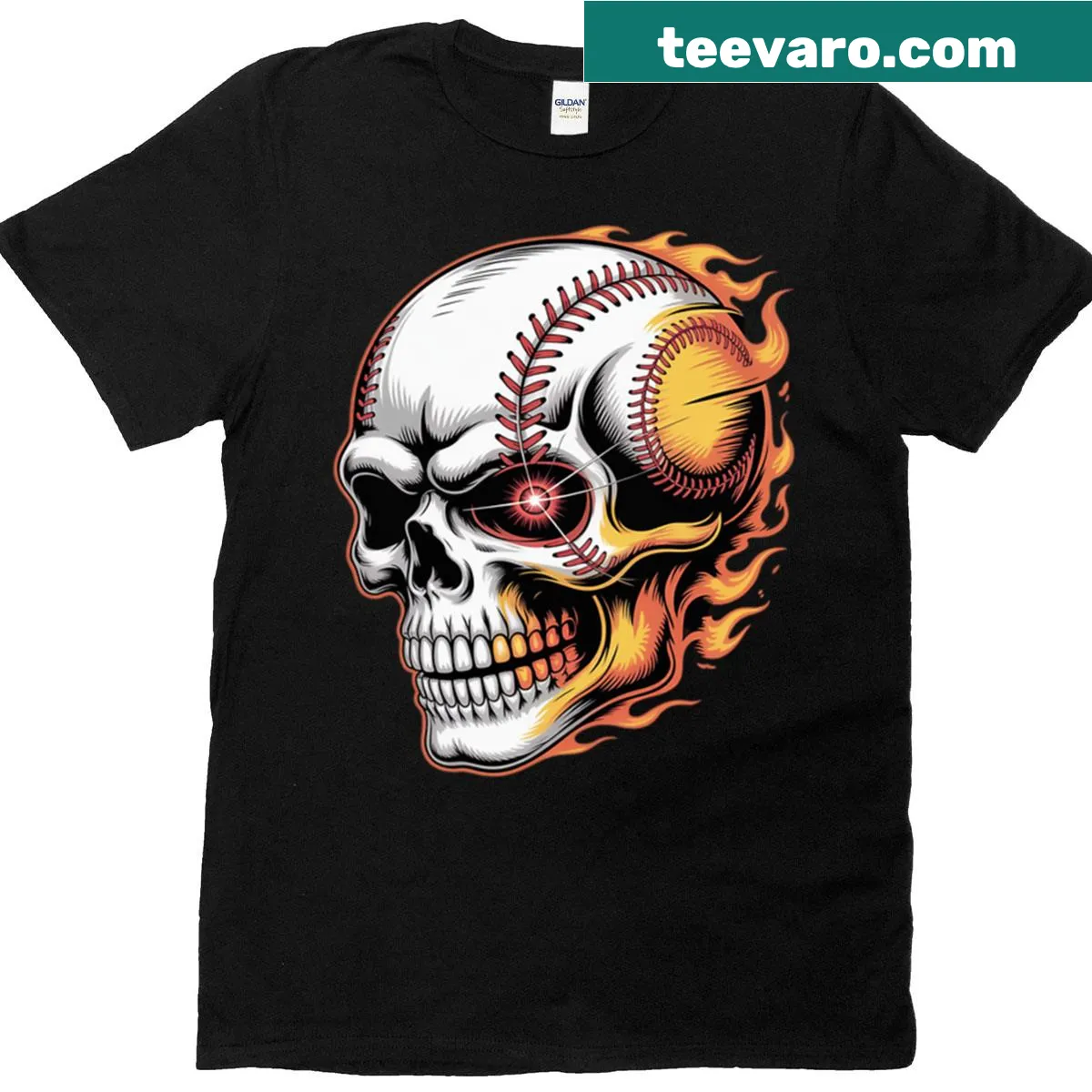 Cartoon Halloween T-shirt with skeleton baseball player and pumpkin — on a men's t-shirt