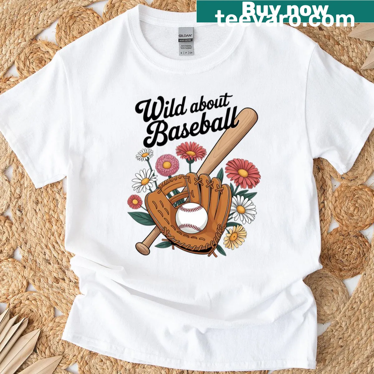 Cute flower-themed baseball lover t-shirt — on a men's t-shirt