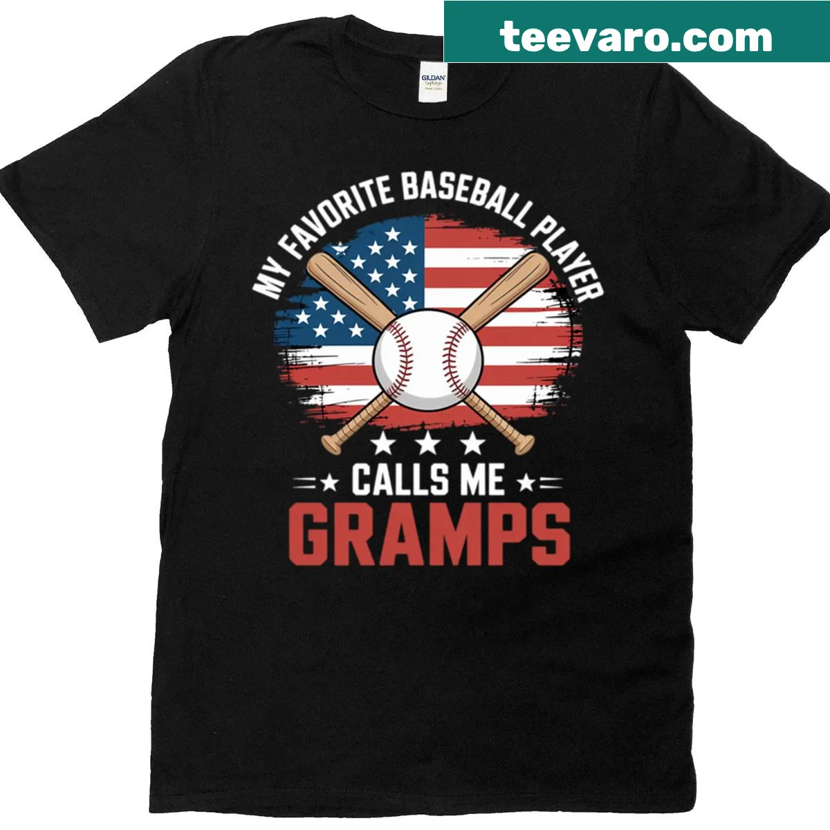 Baseball player graphic with USA flag background t-shirt — on a men's t-shirt