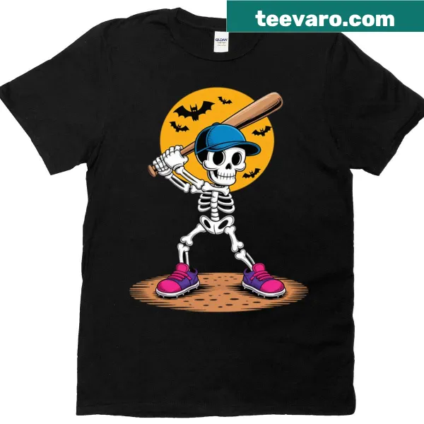 Funny Halloween t-shirt featuring a skeleton playing baseball