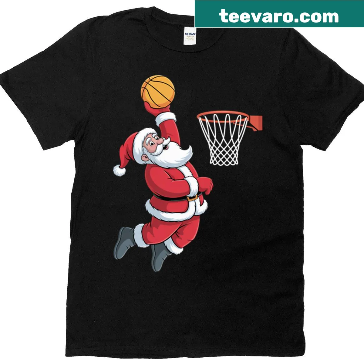 Cartoon Santa dunking a basketball in Christmas attire — on a men's t-shirt