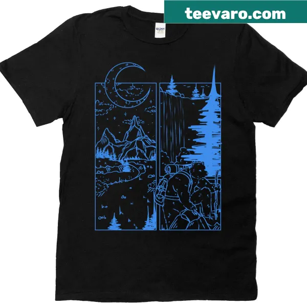 Illustration of a bear hiking in mountains under the moonlight