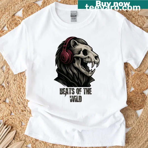 Lion skull with headphones in vintage art style