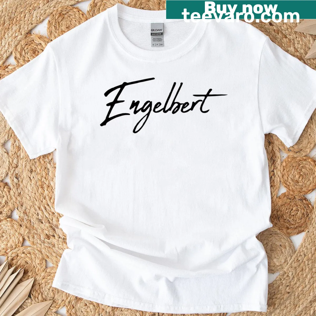 T-shirt featuring beautiful handwritten Engelbert calligraphy — on a men's t-shirt