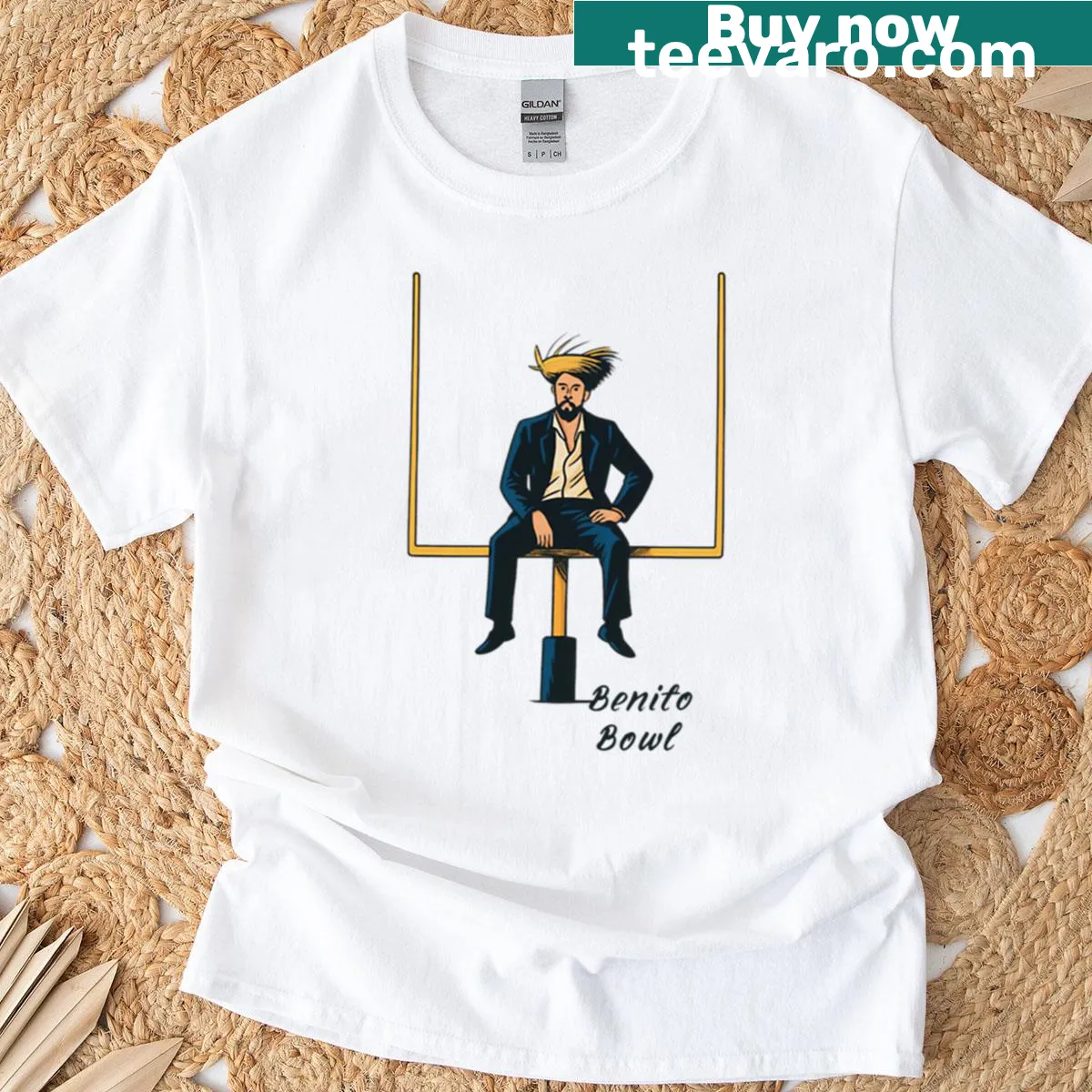 T-shirt featuring a graphic inspired by Benito Bowl and Bad Bunny. — on a men's t-shirt