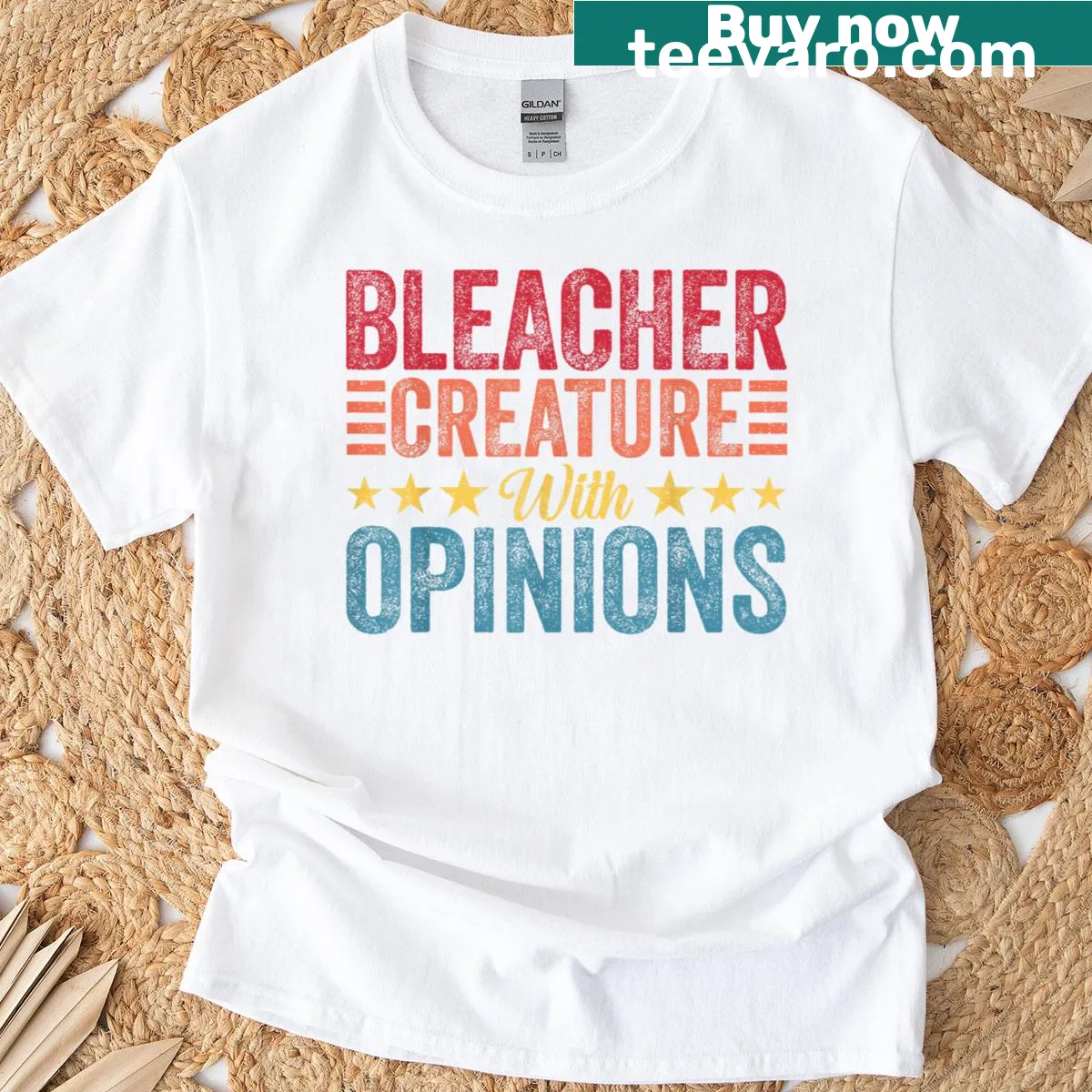 Funny vintage t-shirt with 'Bleacher Creature With Opinions' text — on a men's t-shirt