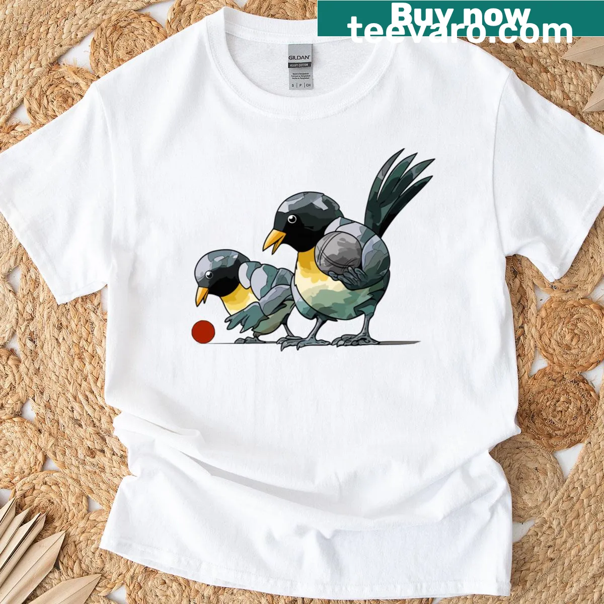 Petanque boules and bird graphic T-shirt — on a men's t-shirt