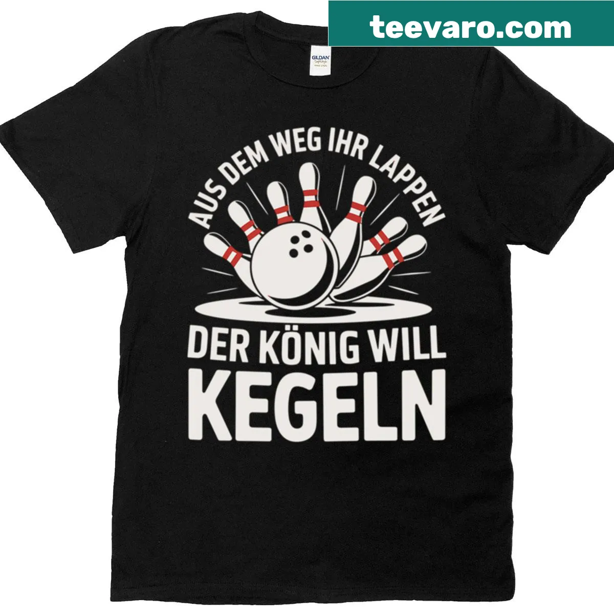 Bowling-themed T-shirt with King Kegeln illustration — on a men's t-shirt