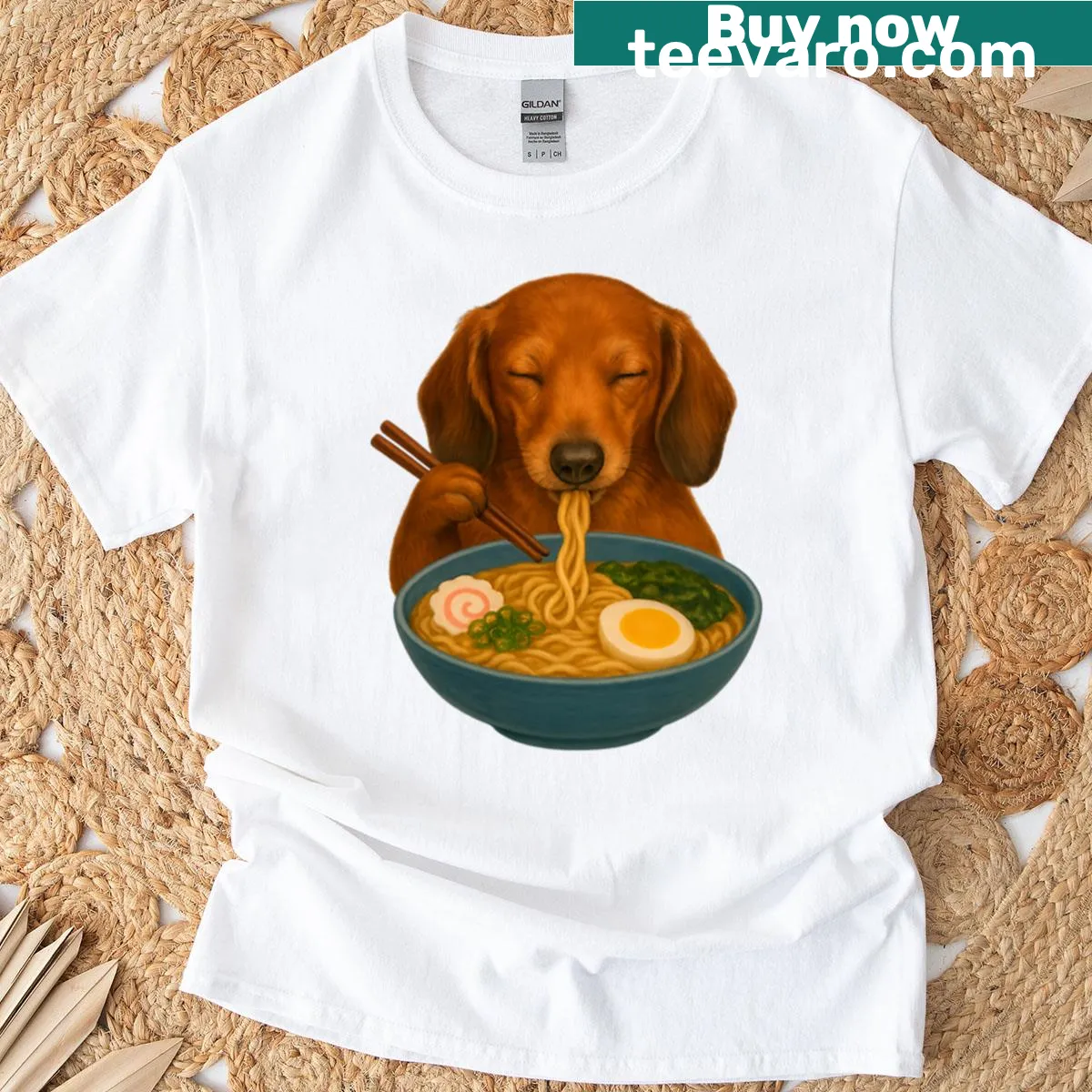 Funny brown dachshund eating ramen graphic T-shirt — on a men's t-shirt