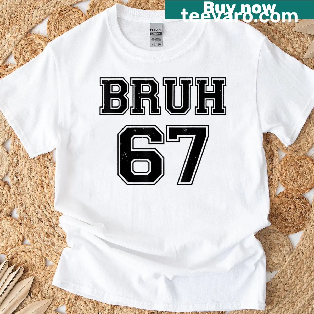 Bruh baseball style t-shirt featuring the phrase 'Bruh' and the number 67 — on a men's t-shirt