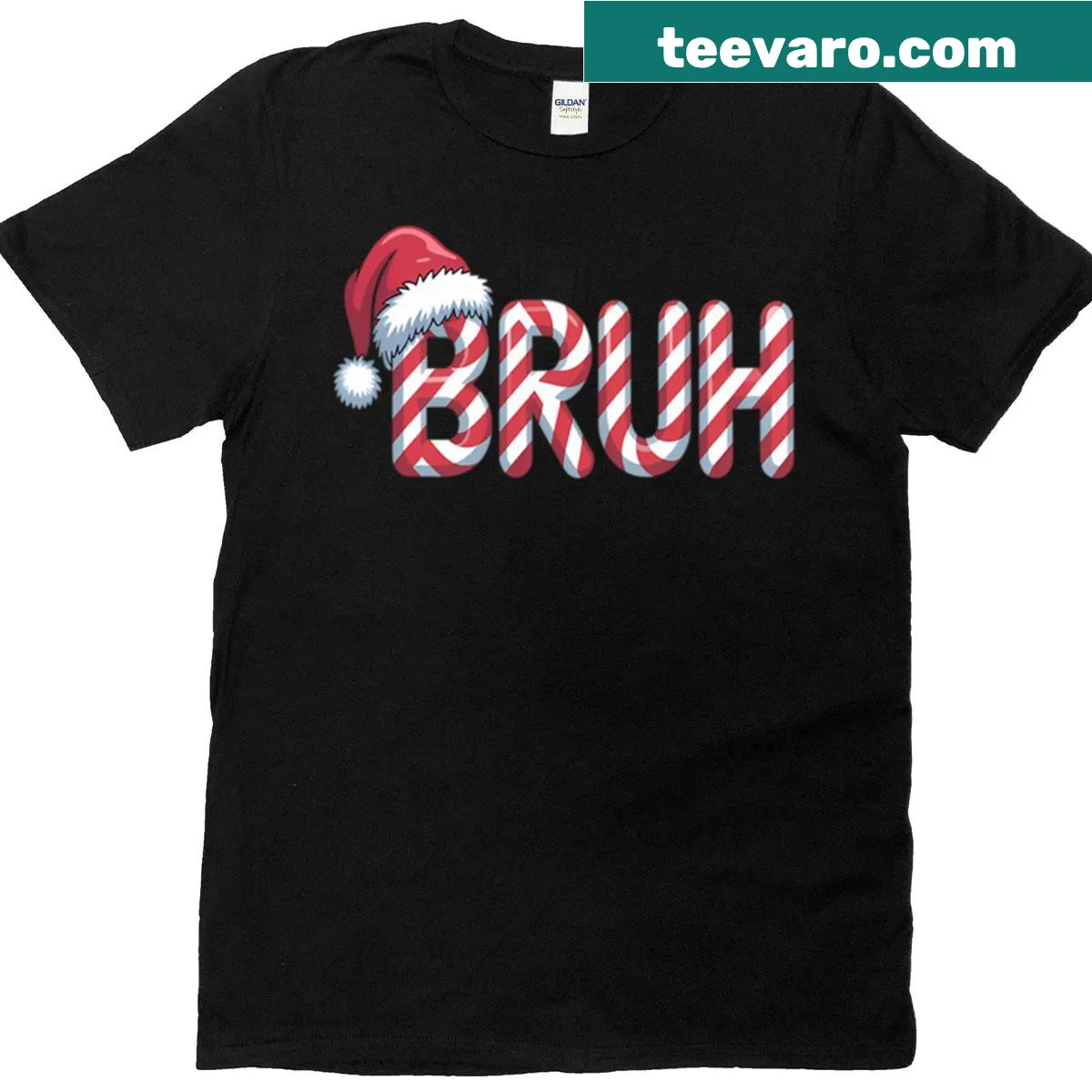 Cartoon candy cane T-shirt with the phrase 'Bruh' for Christmas — on a men's t-shirt