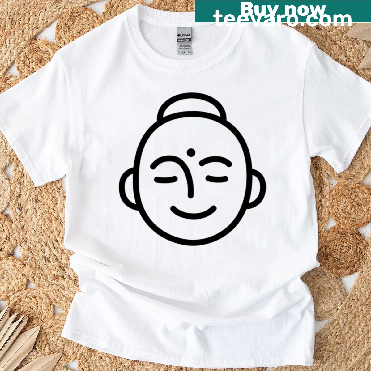 Doodle-style Buddha head illustration on a t-shirt — on a men's t-shirt