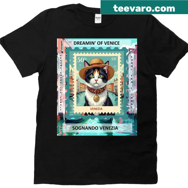 Illustration of a calico cat dreaming of Venice on a t-shirt