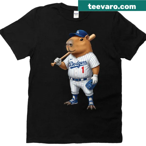 Capybara baseball player illustration on a Dodger Blue t-shirt
