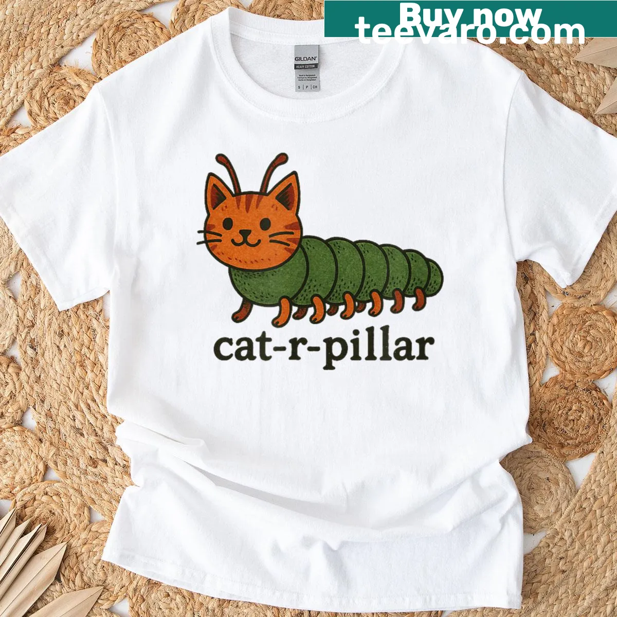 Cute cat art T-shirt with a caterpillar design; humorous and fun — on a men's t-shirt