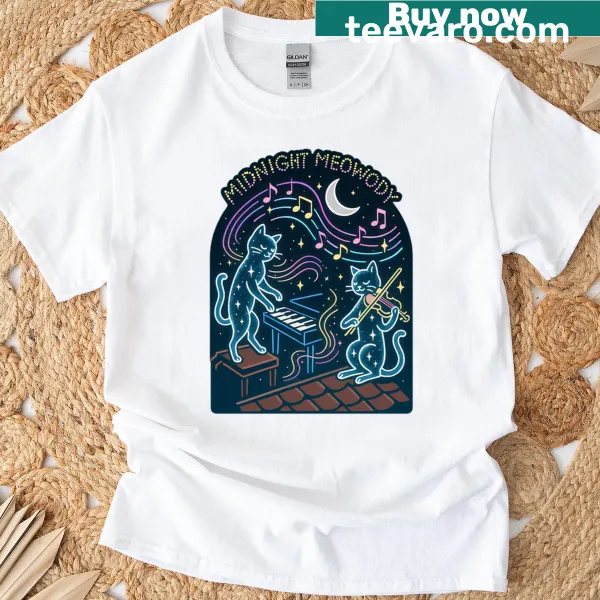 Whimsical cats playing music under a neon moon in a celestial design