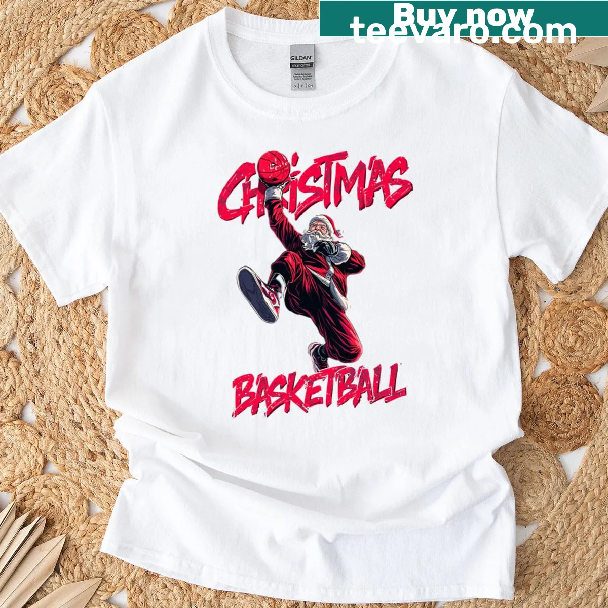 Santa slam dunking basketball in Christmas-themed design — on a men's t-shirt