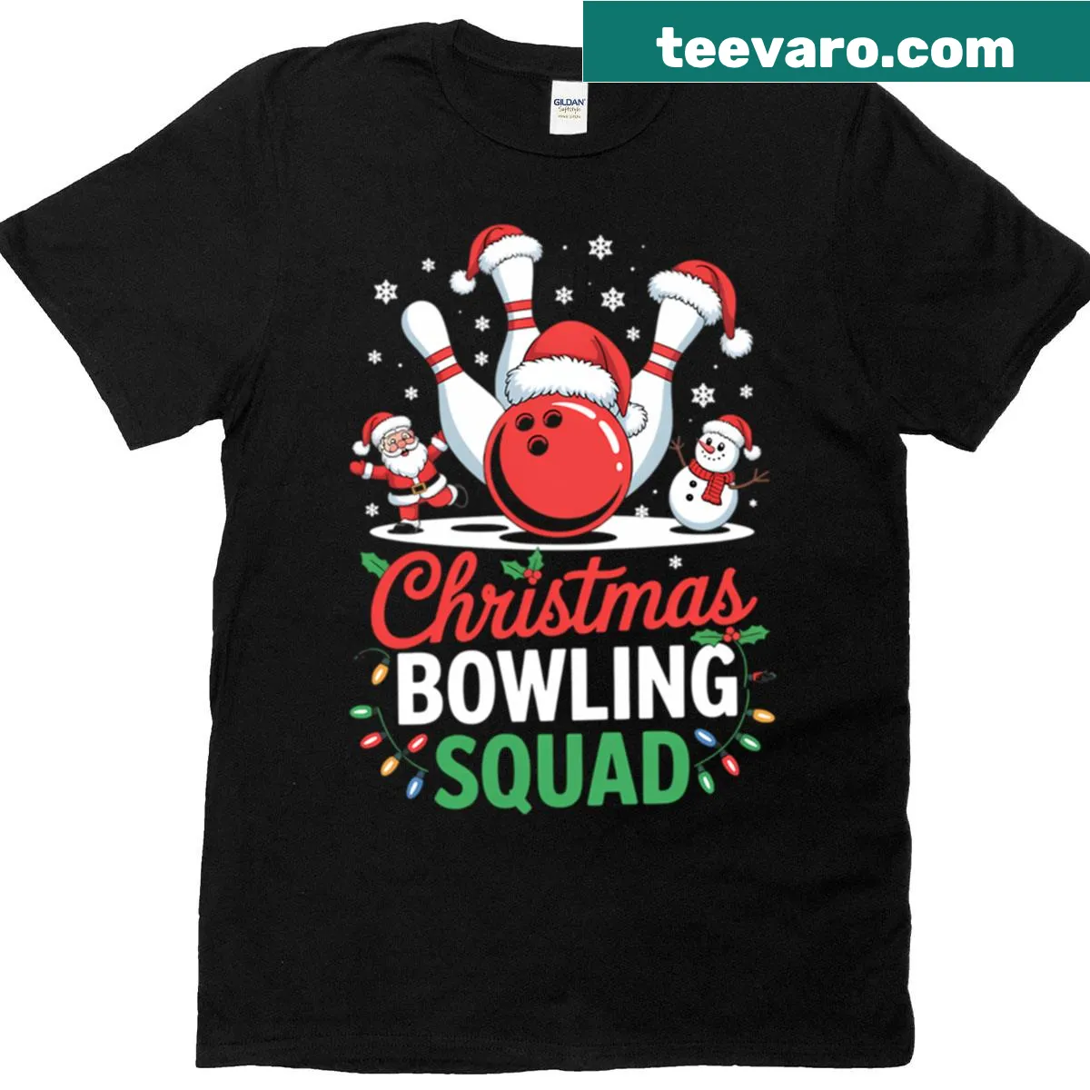 Santa bowling graphic on a humorous Christmas T-shirt — on a men's t-shirt