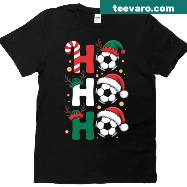 Funny Christmas soccer t-shirt featuring a cartoon soccer player