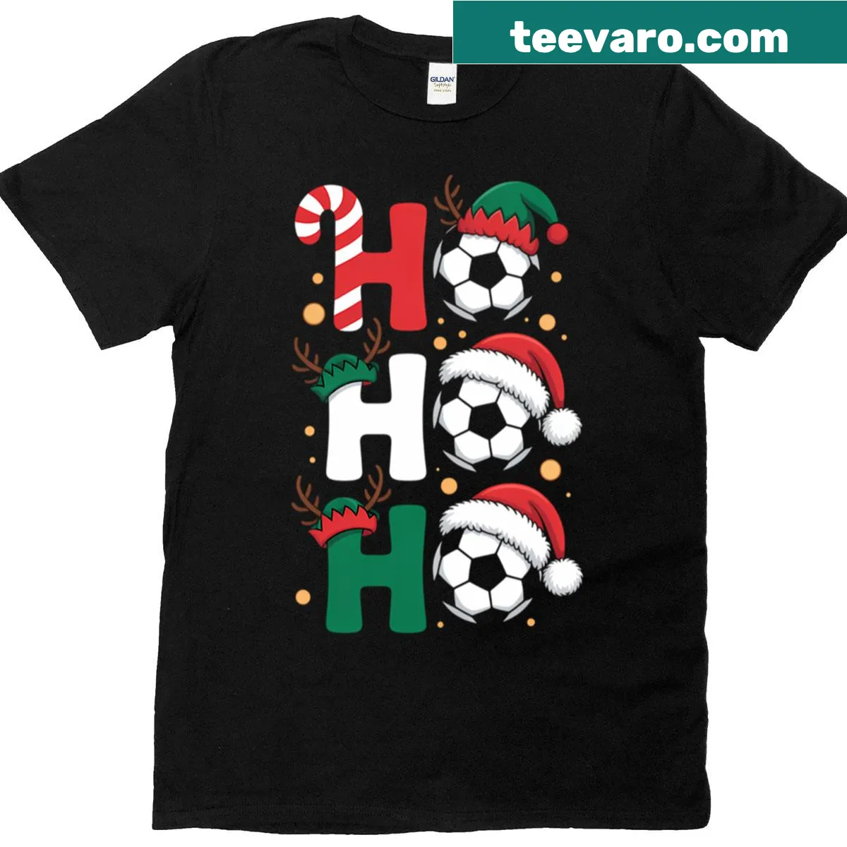 Funny Christmas soccer t-shirt featuring a cartoon soccer player — on a men's t-shirt
