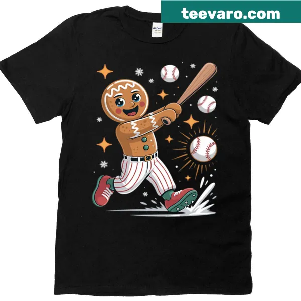 Funny Christmas baseball t-shirt featuring a gingerbread sports player
