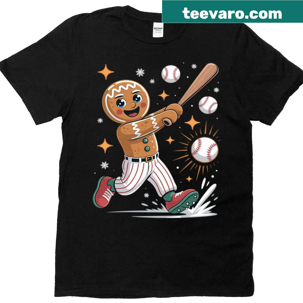Funny Christmas baseball t-shirt featuring a gingerbread sports player — on a men's t-shirt