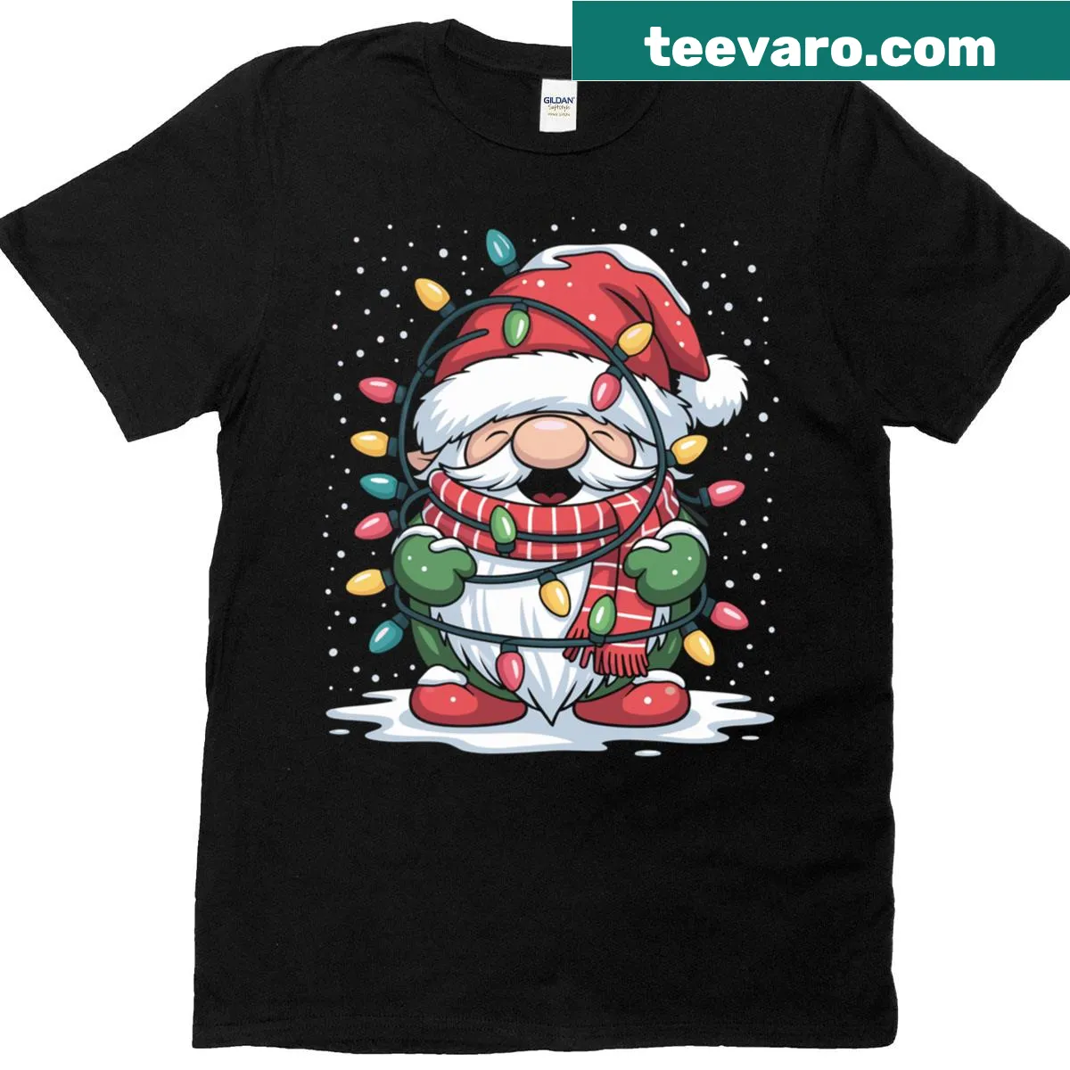 Holiday-themed shirt with a gnome wrapped in lights for Christmas — on a men's t-shirt