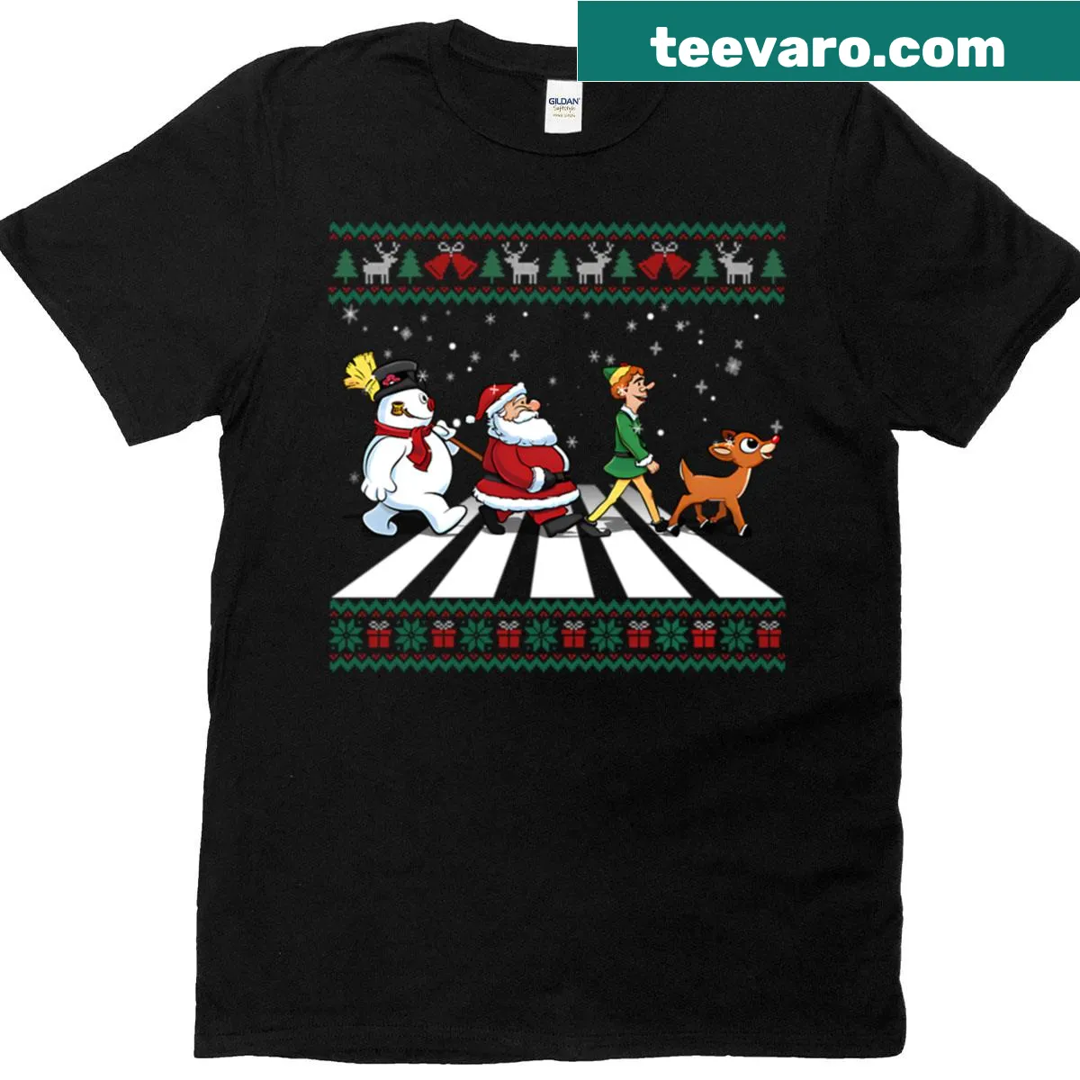 Artistic Christmas road t-shirt with festive decorations — on a men's t-shirt