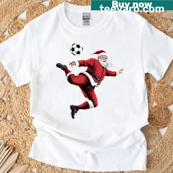 Cartoon Santa kicking a soccer ball on a t-shirt