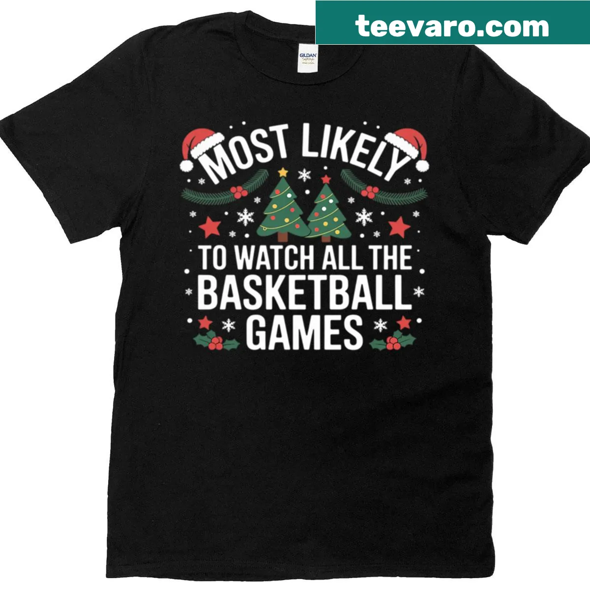 Funny Christmas basketball t-shirt with playful graphics — on a men's t-shirt