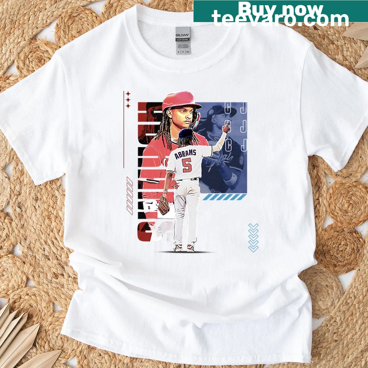 T-shirt featuring CJ Abrams baseball player illustration — on a men's t-shirt