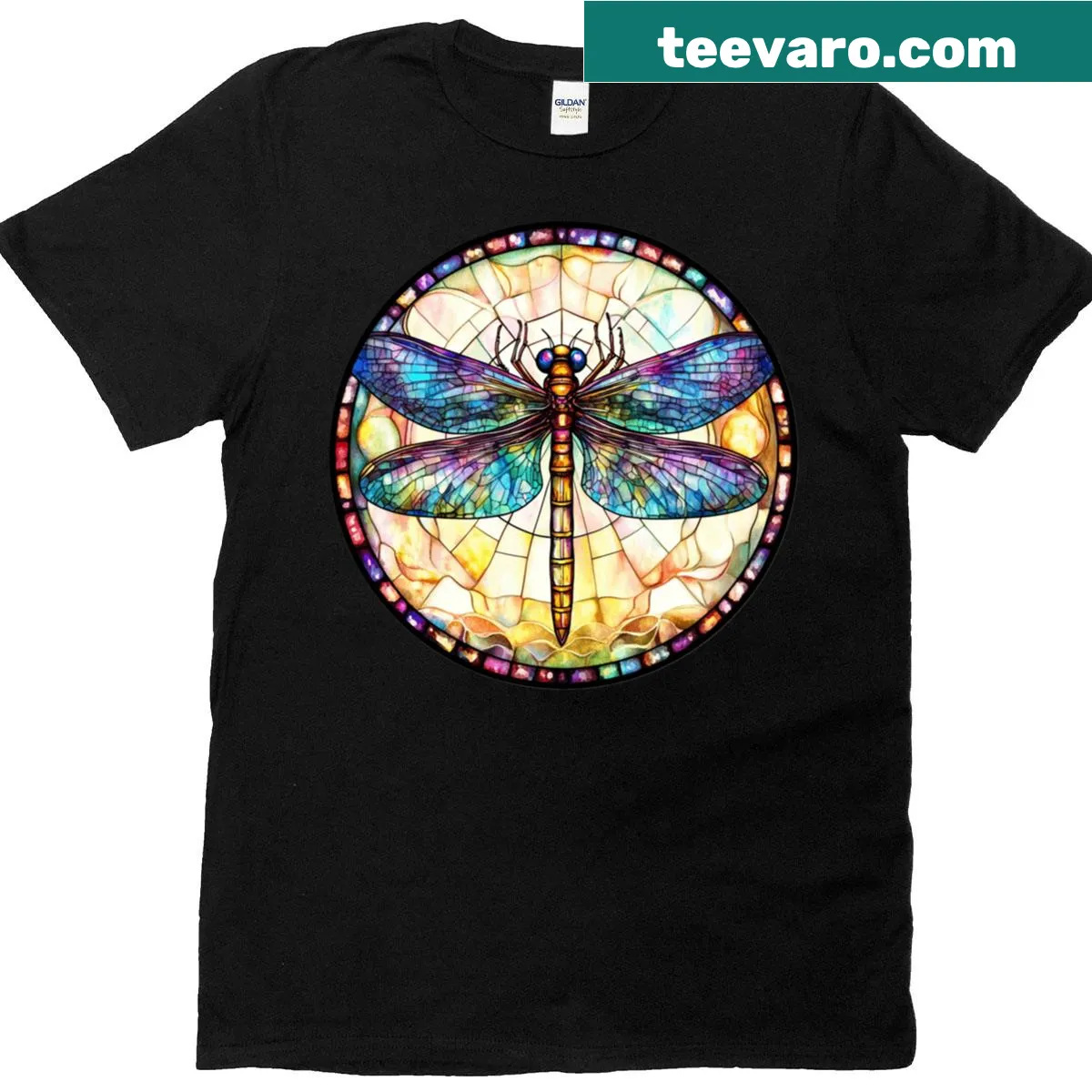 Mosaic dragonfly design in a circle for nature lovers — on a men's t-shirt