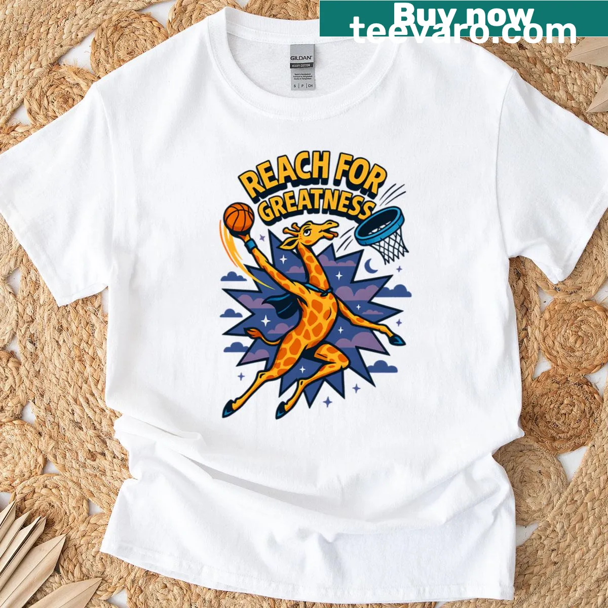 Cartoon giraffe dunking a basketball with stars — on a men's t-shirt