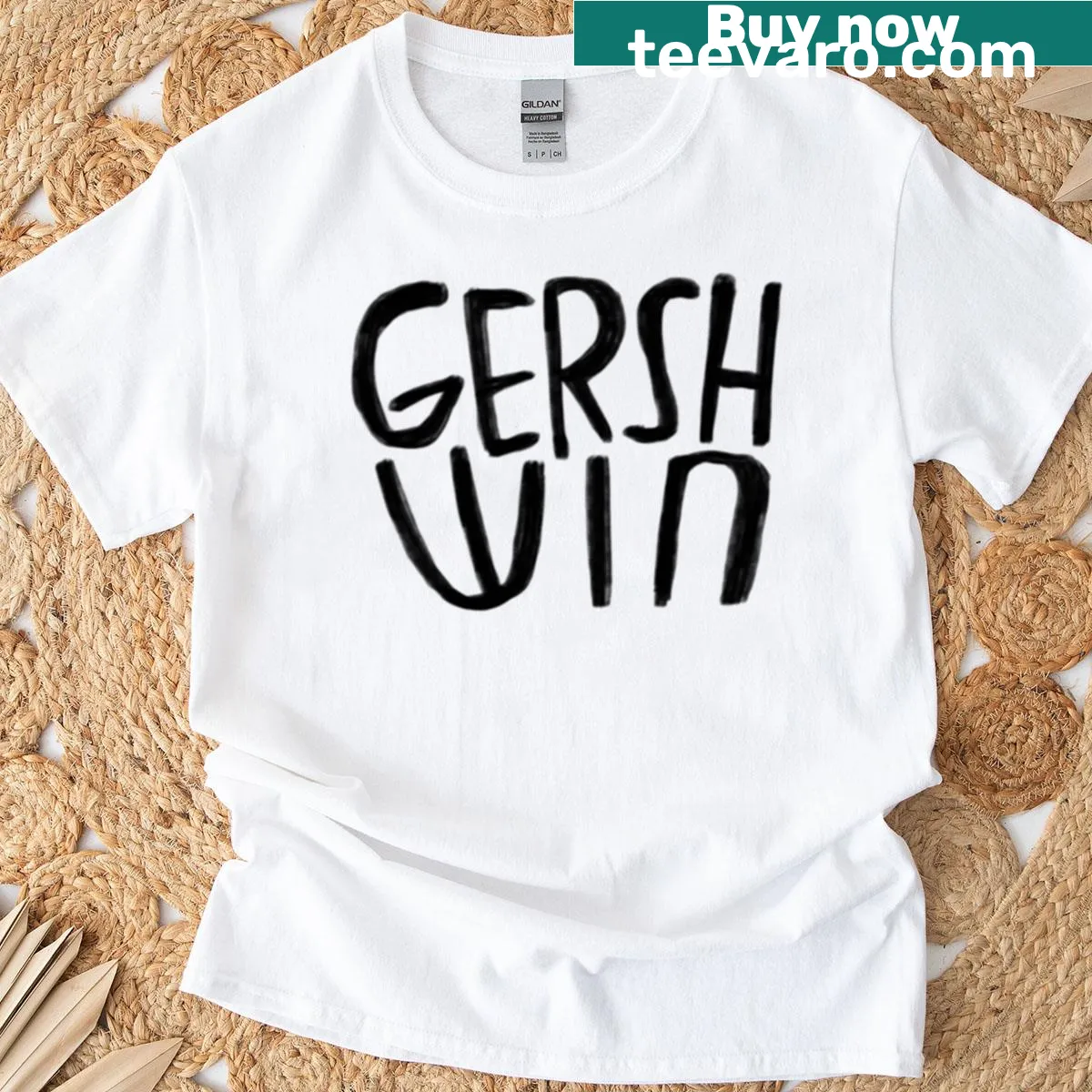 Artistic t-shirt honoring composer George Gershwin with musical elements — on a men's t-shirt