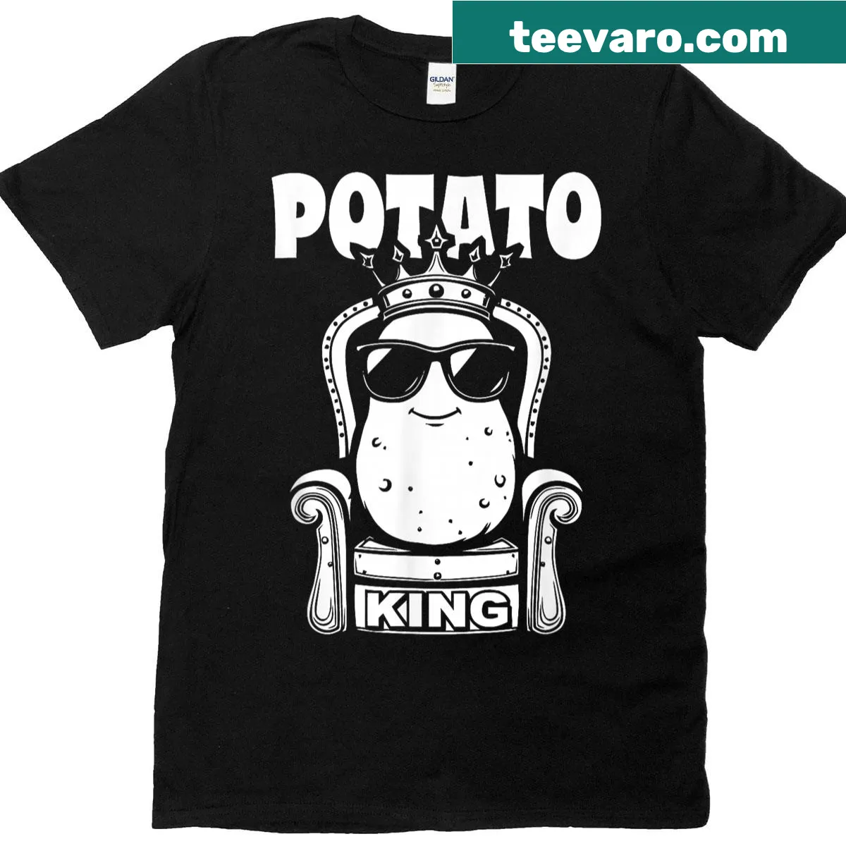Funny Cool Potato King cartoon graphic on a t-shirt — on a men's t-shirt