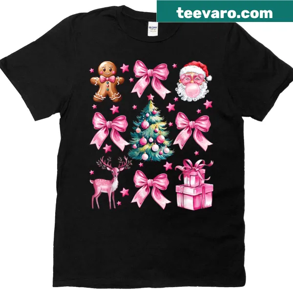 Illustrated pink Christmas tree with a coquette bow on a t-shirt