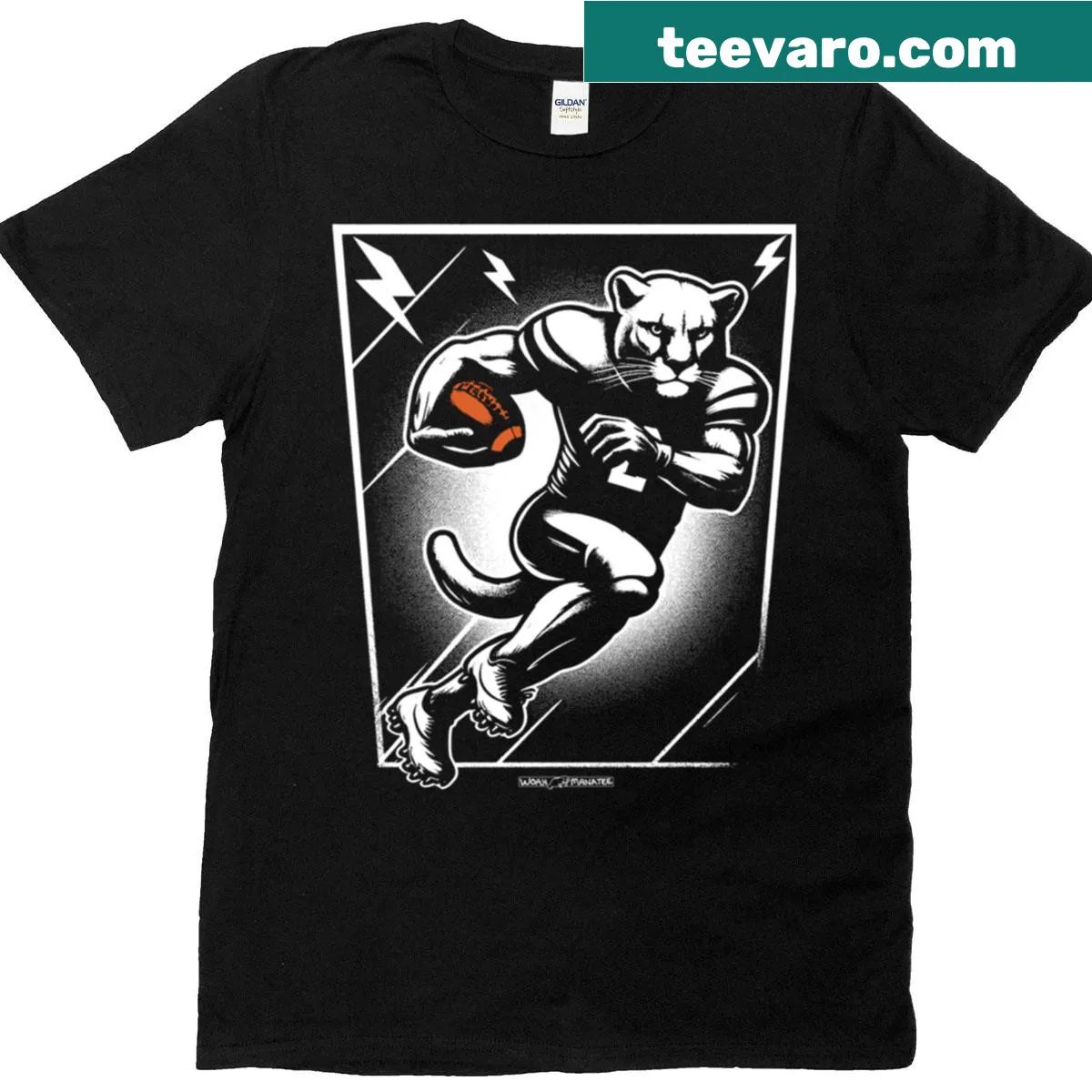 Cougar-themed football T-shirt with bold typography — on a men's t-shirt